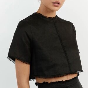 DISSH Georgie Black Fringe Linen Boxy Fit Crop Top Women’s Size XS 2